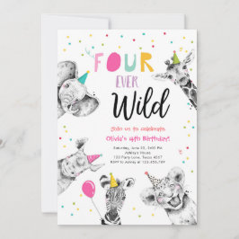 Fyra Party-djur i Vilden Safari Girl Birthday Inbjudningar