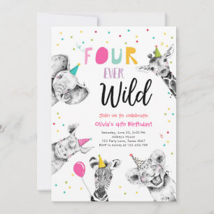 Fyra Party-djur i Vilden Safari Girl Birthday Inbjudningar