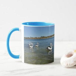 Fyra pelikaner vid havet. mugg