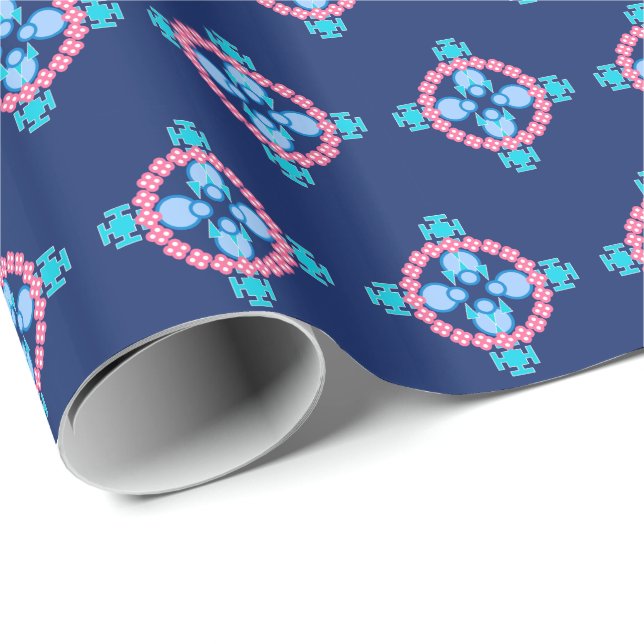 Fyra punkter Mandala, Indigo Blue, Turquise & Rosa Presentpapper (Rullad Hörn)