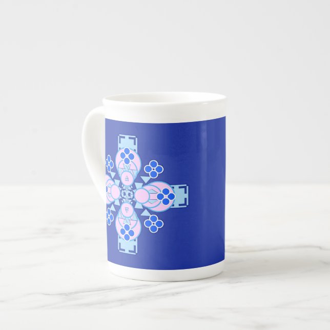 Fyra punkter Mandala - orkidé, blå och kobolt Benporslin Mugg (Framsida vänster)
