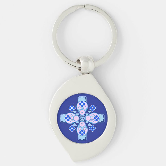 Fyra punkter Mandala - orkidé, blått och kobolt Swirl Silverfärgad Nyckelring (Framsidan)