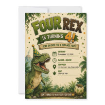 Fyra Rex Dinosaur 4-års födelsedagsinbjudan