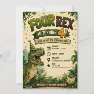 Fyra Rex Dinosaur 4-års födelsedagsinbjudan Inbjudningar