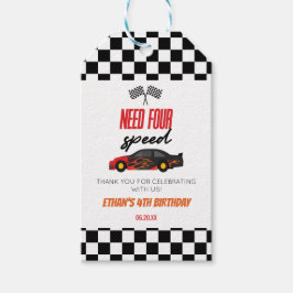 Fyra röda Tävling-bilarna 4e födelsedagen Party Presentetikett