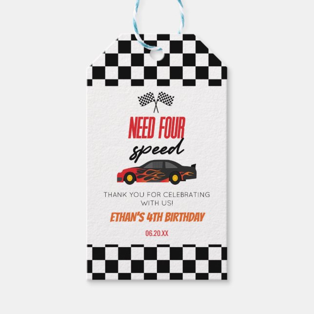 Fyra röda Tävling-bilarna 4e födelsedagen Party Presentetikett (Framsidan)