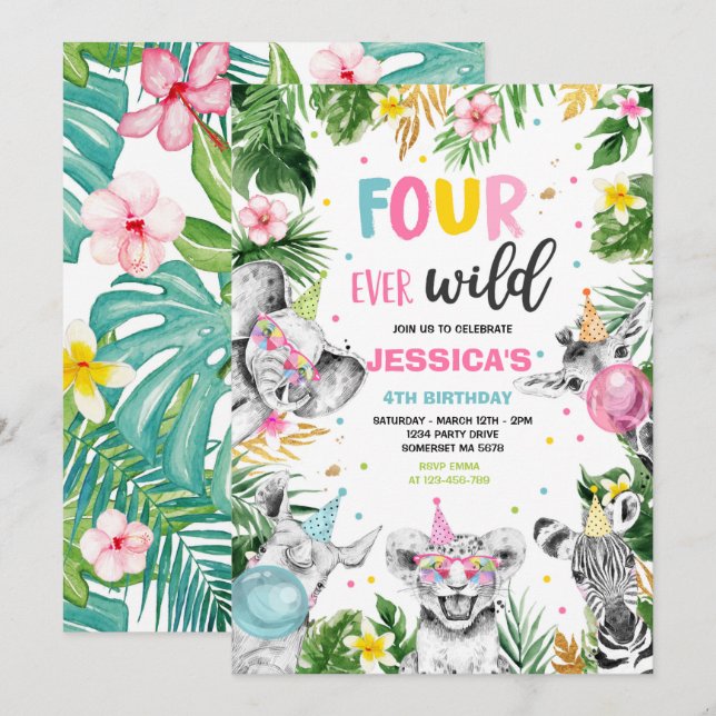 Fyra Safari Födelsedagsfest-djur någonsin i Vilden Inbjudningar (Fram/baksida)