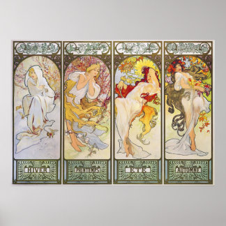 Fyra säsonger av Alphonse Mucha Poster