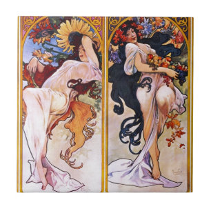 Fyra säsonger vid den Alfons Mucha art déco Kakelplatta