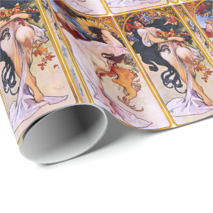 Fyra säsonger vid den Alfons Mucha art déco Presentpapper