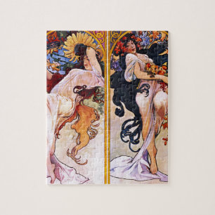 Fyra säsonger vid den Alfons Mucha art déco Pussel