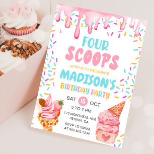 Fyra Scoops Girls Ice Cream 4e födelsedagen Inbjudningar