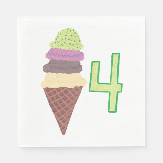 Fyra Scoops of Ice Cream Birthday Napkins Age 4 Pappersservett (Framsidan)