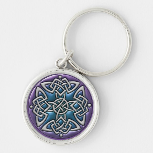 Fyra sid Celtic fnurror i metall Keychain Rund Silverfärgad Nyckelring (Framsidan)