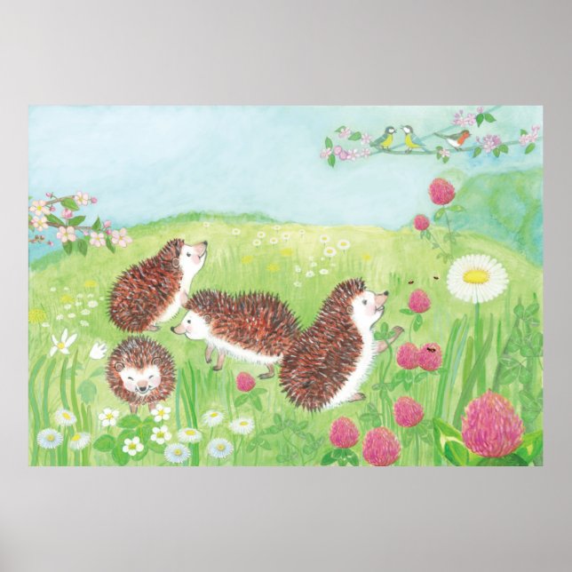 Fyra små hedgehogs i Meadow Poster (Framsidan)