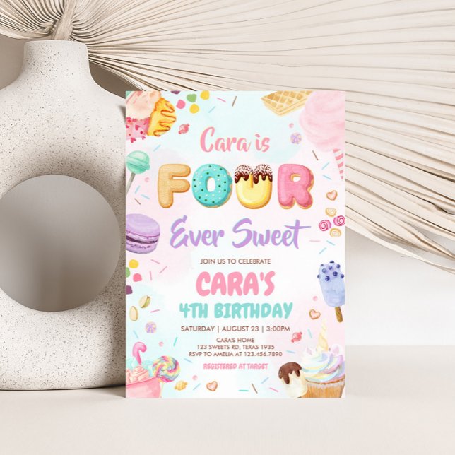 Fyra söta Födelsedagsfester Inbjudningar (Pastel Four Ever Sweet Birthday Party Invitation)