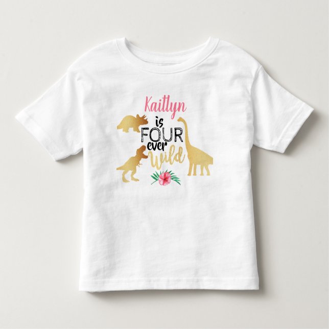 Fyra Super Vilda Dinosaurie Flicka 4-års Födelseda T Shirt (Framsida)