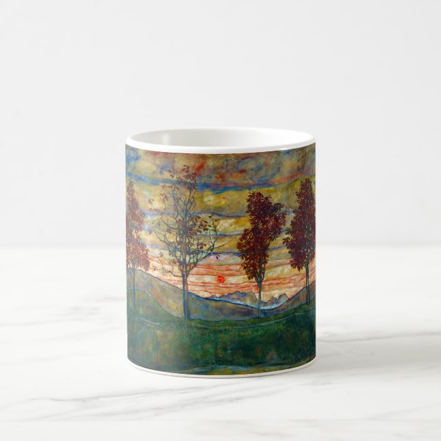 Fyra Träd (liggande konst) (av Egon Schiele) Kaffemugg (Center)