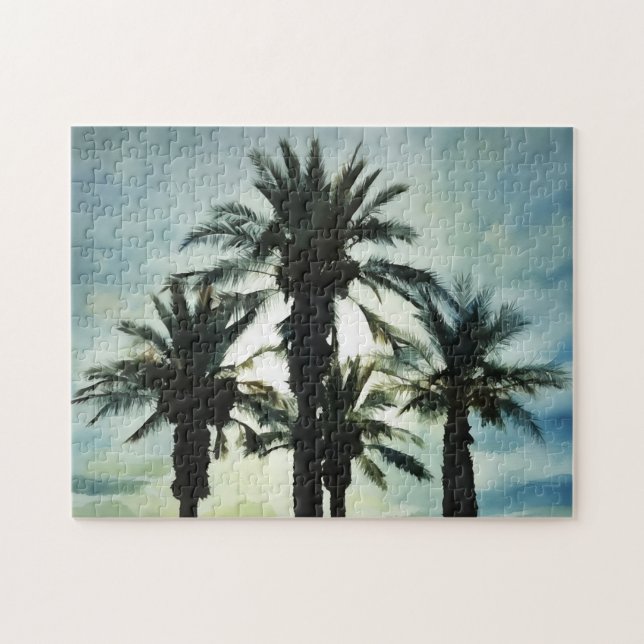 Fyra Tropiska Träd i Handflatan i solnedgången Him Pussel (Horisontell)