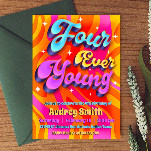 Fyra Unga 4e födelsedagen Inbjudningar (Four Ever Young 4th Birthday Groovy Retro Invitation
)