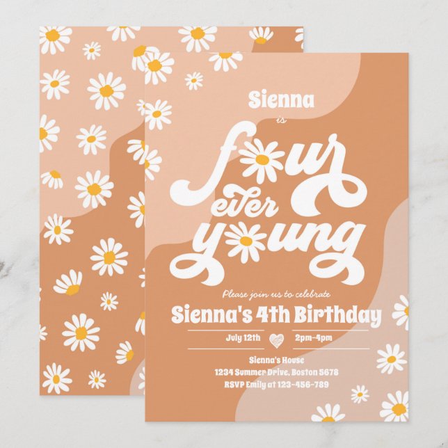Fyra Unga 4e födelsedagen Party Boho-Daisyn Inbjudningar (Fram/baksida)