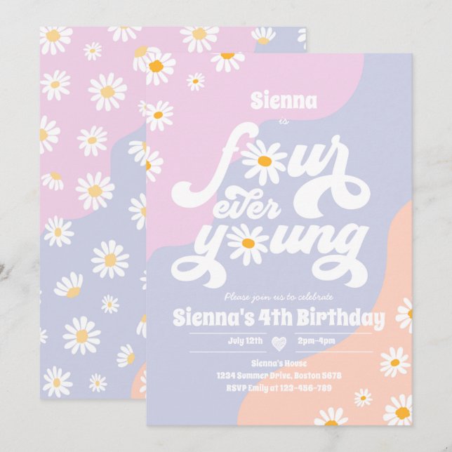 Fyra Unga 4e födelsedagen Party Boho-Daisyn Inbjudningar (Fram/baksida)