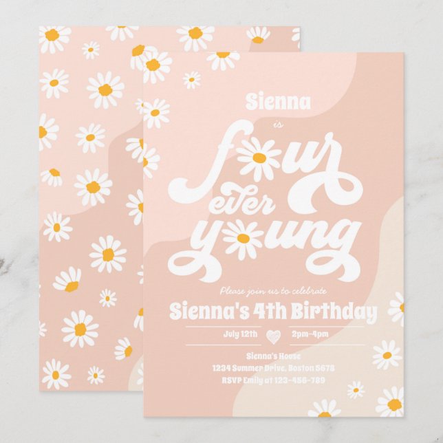 Fyra Unga 4e födelsedagen Party Boho-Daisyn Inbjudningar (Fram/baksida)