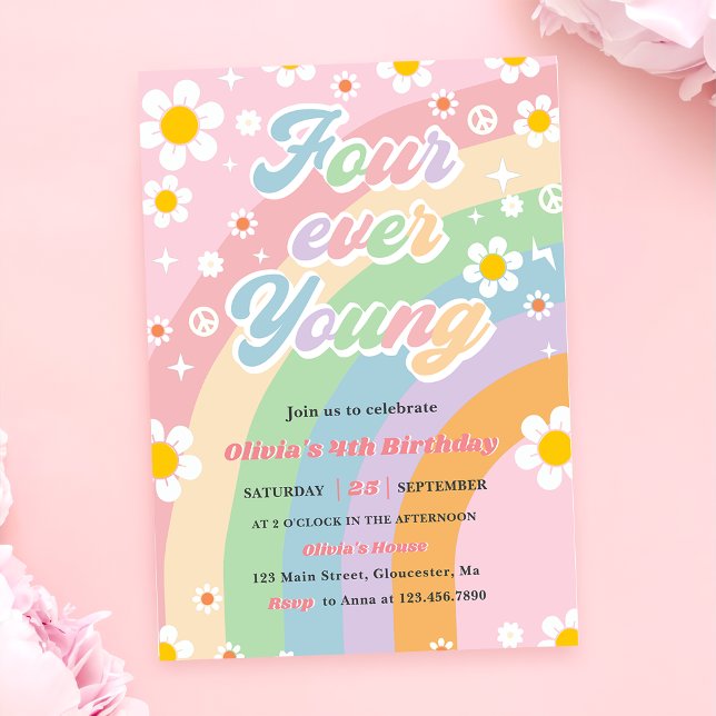 Fyra Unga Groovy-Daisyn Rainbow 4e födelsedagen Inbjudningar (Skapare uppladdad)