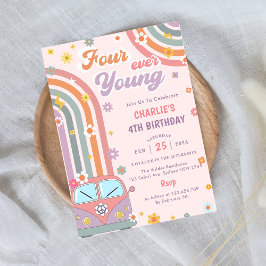 Fyra Unga Groovy Retro-Daisyn 4e födelsedagen Inbjudningar