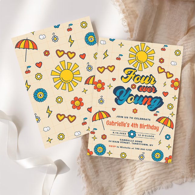 Fyra Unga Groovy Retro-Daisyn 4e födelsedagen Inbjudningar (Skapare uppladdad)