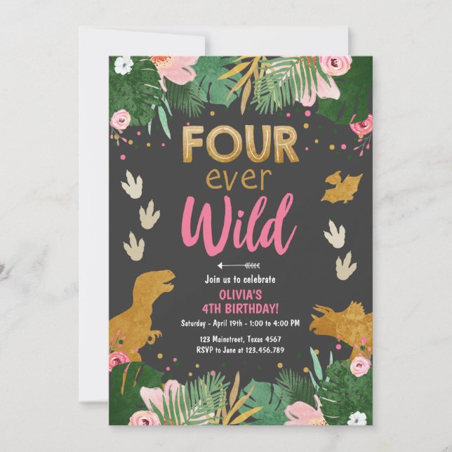 Fyra Vilder i  Dino Girl Rosa Dinosaur Birthday Inbjudningar (Framsida)
