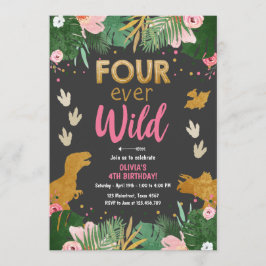 Fyra Vilder i  Dino Girl Rosa Dinosaur Birthday Inbjudningar