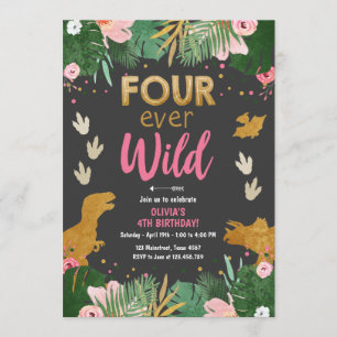 Fyra Vilder i Dino Girl Rosa Dinosaur Birthday Inbjudningar