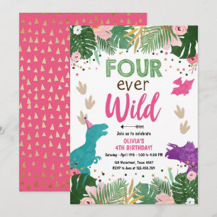 Fyra Vilder i Dino Girl Rosa Dinosaur Birthday Inbjudningar