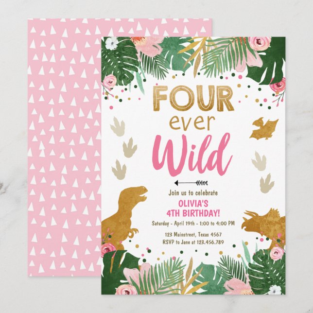 Fyra Vilder i  Dino Girl Rosa Dinosaur Birthday Inbjudningar (Fram/baksida)