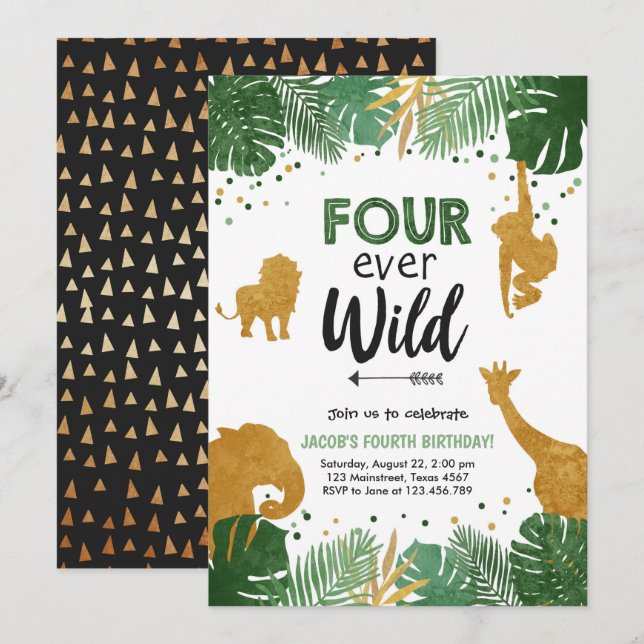 Fyra Vilder Safari Animal Boy Birthday Inbjudningar (Fram/baksida)