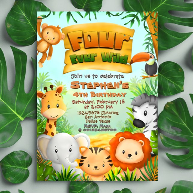 Fyra Vilder Safari Birthday Inbjudningar (Four Ever Wild Safari 4th Birthday Invitation)