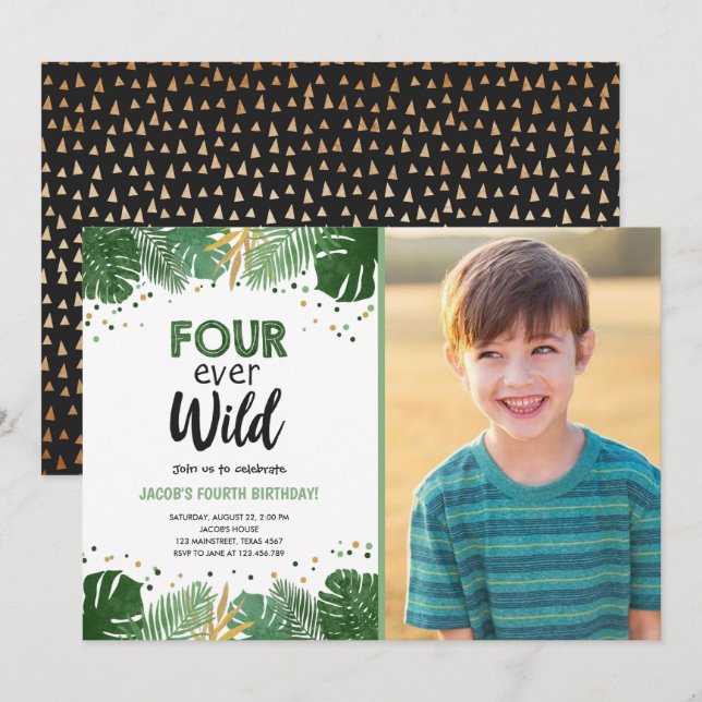 Fyra Vilder - tropisk Safari Boy Guld födelsedag Inbjudningar (Fram/baksida)