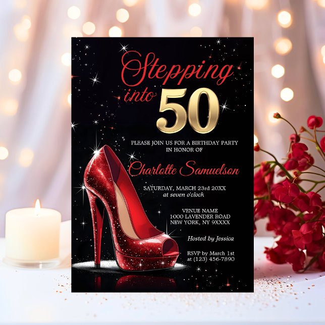 Fyrande i 50 BIRTHDAY Red Högklackars femtio Inbjudningar (Stepping into 50 BIRTHDAY Red High Heels Fifty Invitation)