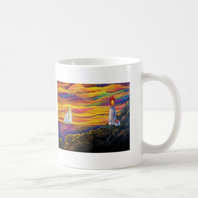 Fyrbås och segelbåt vid Sunset Ocean Mugg (Höger)