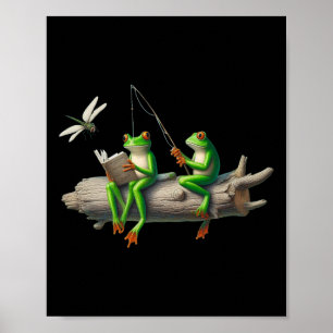 Fyrbent groda på en stock groda fiskar drakflyg Re Poster