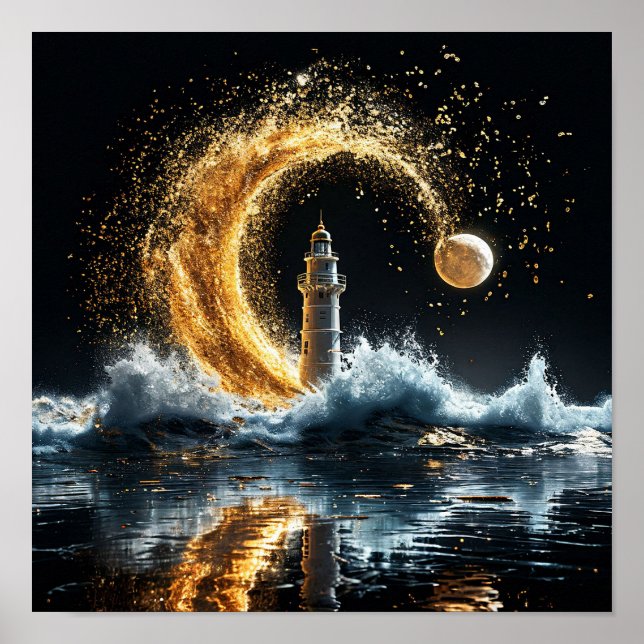 🌙 Fyren under den gyllene månen Kustnatt Poster (Framsidan)