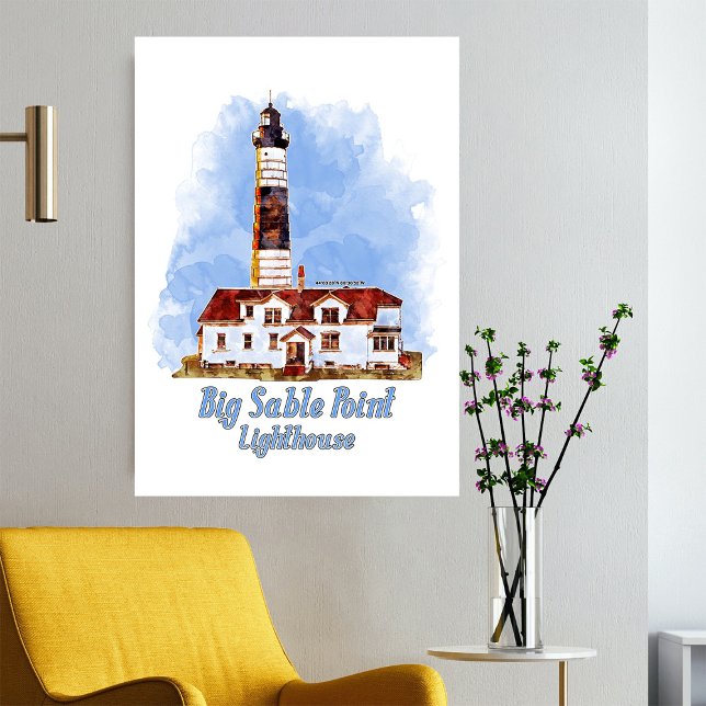 Fyren vid Big Sable Point i akvarell - Michigan Fototryck (Big Sable Point Lighthouse Watercolor - Michigan. Photo Print)