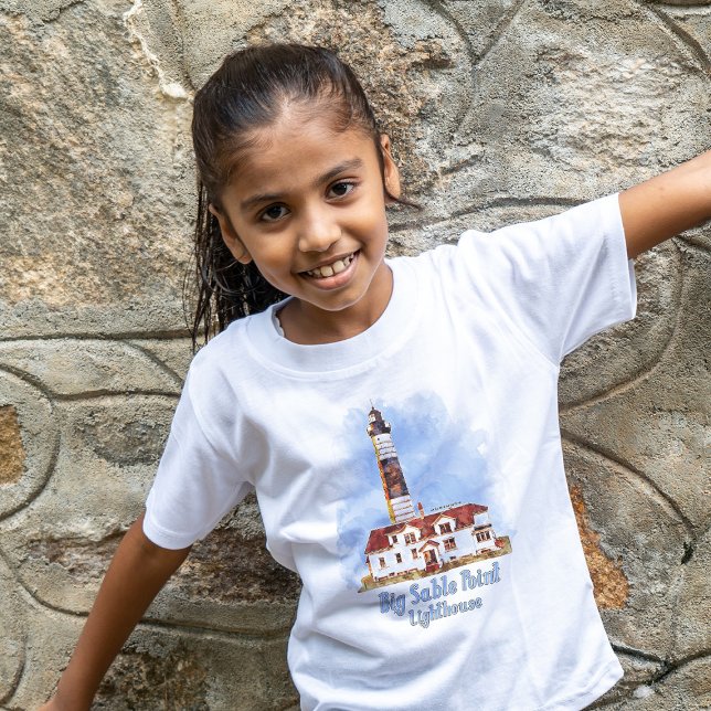 Fyren vid Big Sable Point i akvarell - Michigan T Shirt (Big Sable Point Lighthouse Watercolor - Michigan. Girl Basic White T-Shirt)