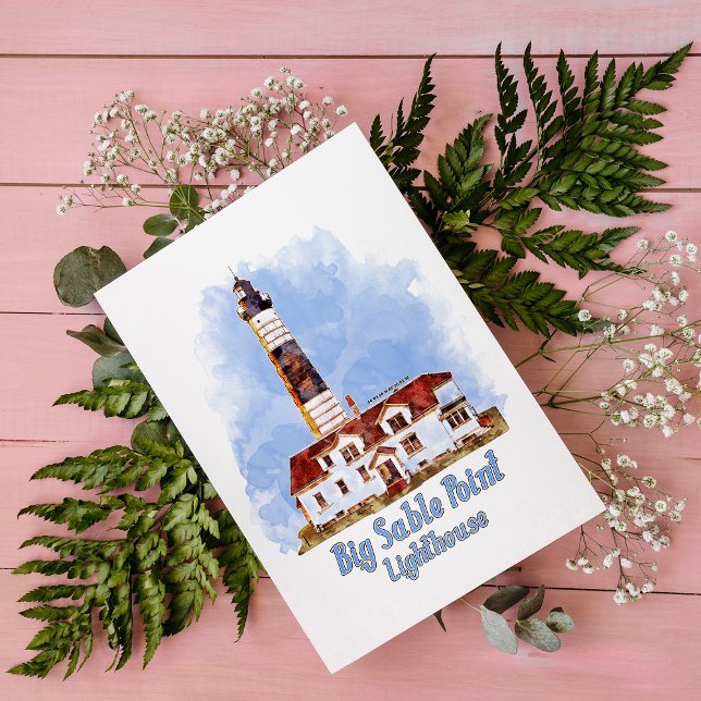 Fyren vid Big Sable Point i akvarell - Michigan Vykort (Big Sable Point Lighthouse Watercolor - Michigan. Postcard)