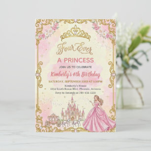 Fyrfaldig Prinsessa Rosa Flicka 4-års Födelsedagsf Inbjudningar