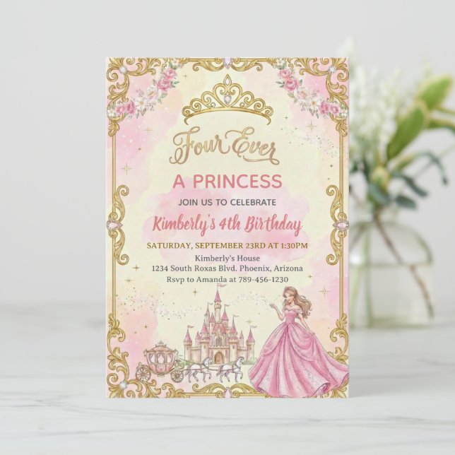 Fyrfaldig Prinsessa Rosa Flicka 4-års Födelsedagsf Inbjudningar (Stående Fram)