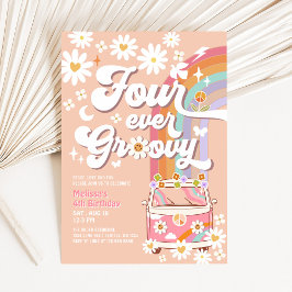 Fyrfaldigt Groovy Daisy Rainbow Hippie 4-årsdag Inbjudningar