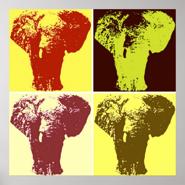 Fyrfärgad Pop Art Elefanter Retro Stil Affisch (Framsidan)