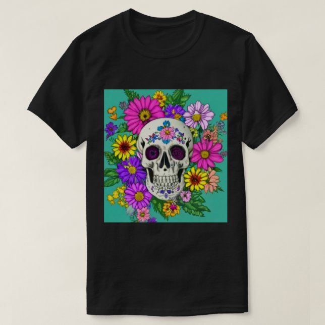 Fyrfärgat skalle med blommor T-Shirt (Design framsida)